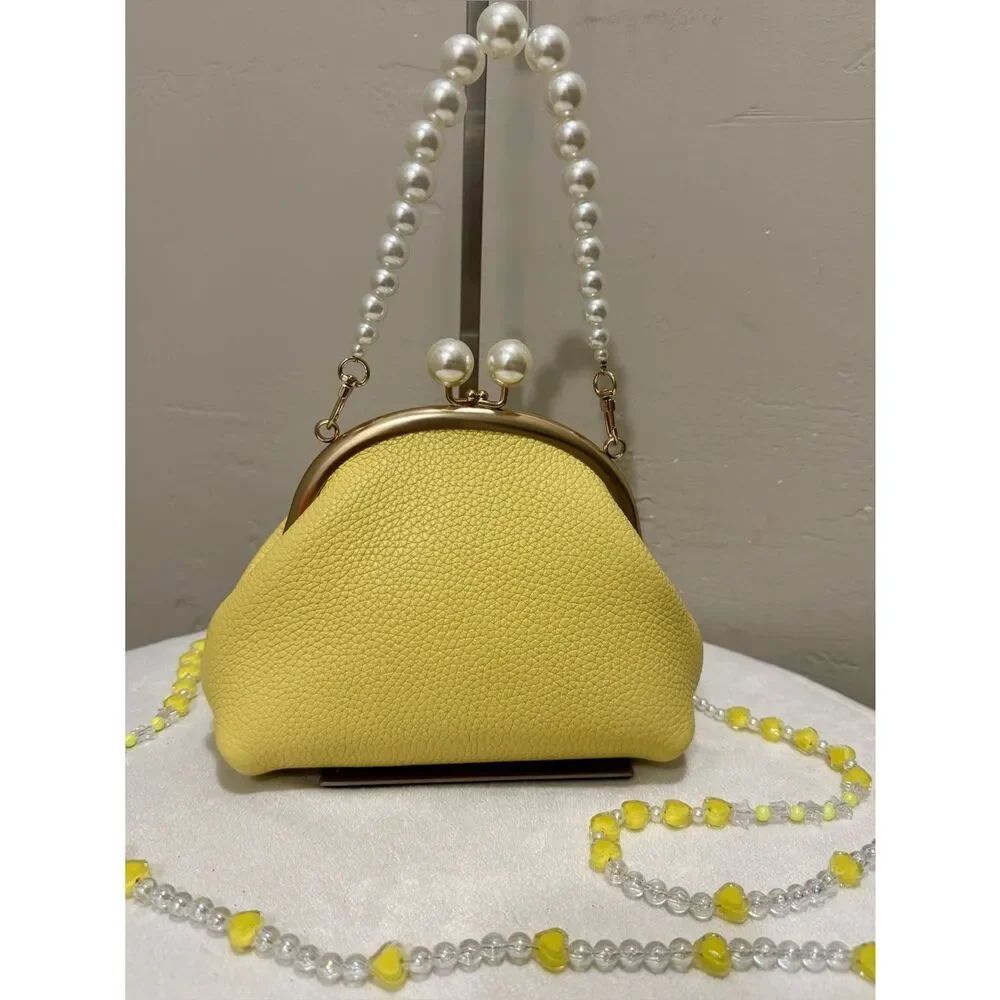 Yellow Togo Calfskin Handmade Vintage Kisslock Clutch, Wristlet, Crossbody